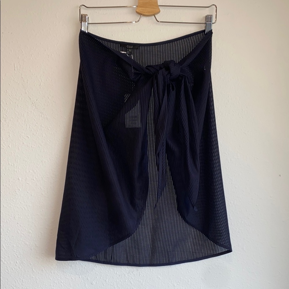 COS navy swim coverup wrap skirt in sheer navy stripe, 90/10 cotton/silk, OS NWT